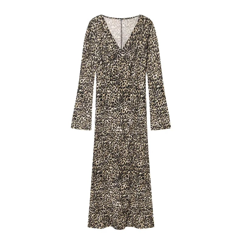 Damen Langärmeliges plissiertes Maxikleid mit V-Ausschnitt und taillenhoher Raffung Drune