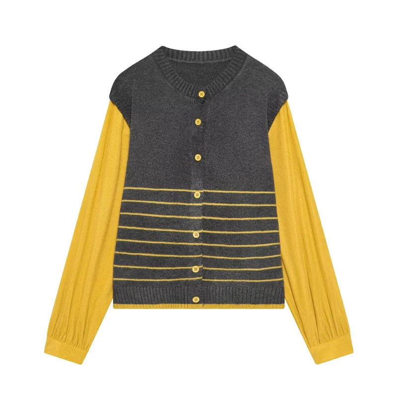 Damen Lagenlook-Strickcardigan mit gestreiftem Westeinsatz und Volumenärmeln Drune