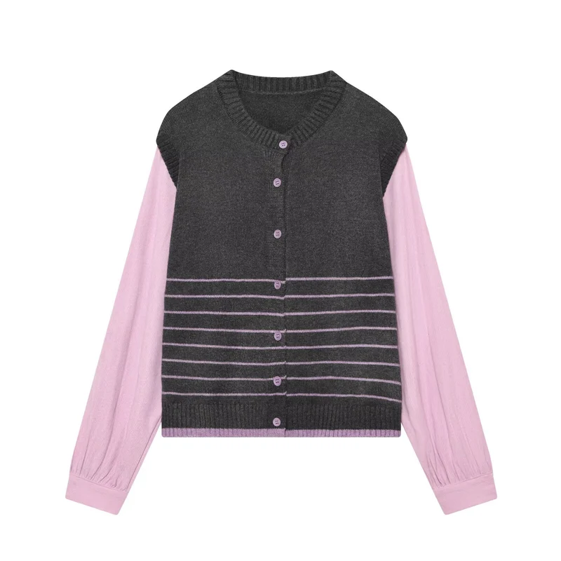 Damen Lagenlook-Strickcardigan mit gestreiftem Westeinsatz und Volumenärmeln Drune