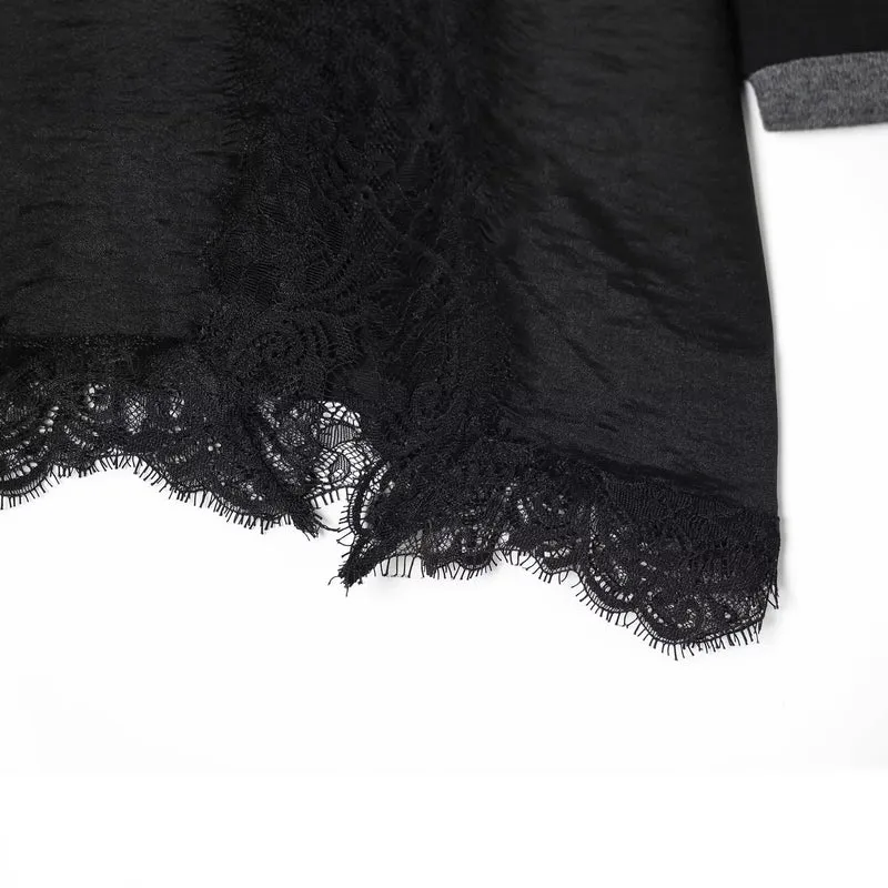 Damen Lagenlook-Longsleeve mit Satin-Slip-Einsatz und Spitzenbesatz Drune