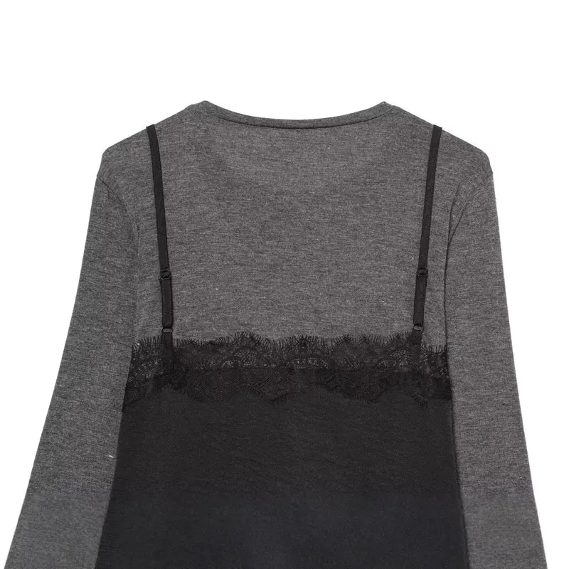 Damen Lagenlook-Longsleeve mit Satin-Slip-Einsatz und Spitzenbesatz Drune