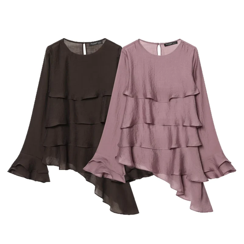Damen Lagenlook Chiffonbluse mit Volants und asymmetrischem Saum Drune