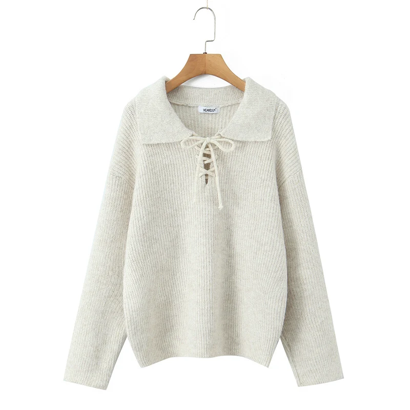 Damen Kuscheliger Strickpullover mit breitem Polokragen und Kordelbindung Drune
