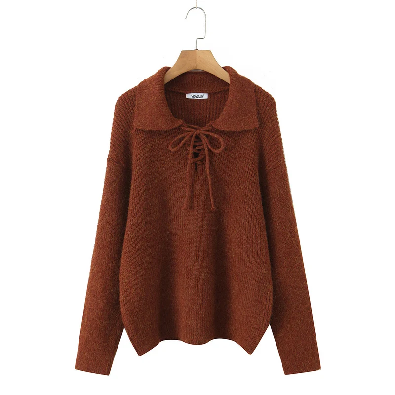Damen Kuscheliger Strickpullover mit breitem Polokragen und Kordelbindung Drune
