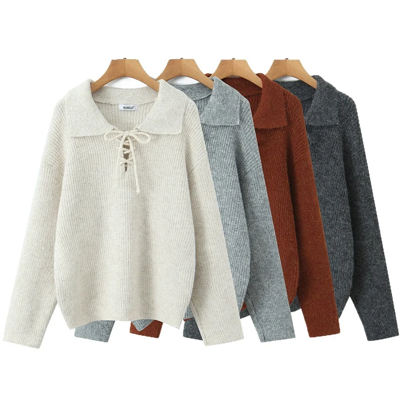 Damen Kuscheliger Strickpullover mit breitem Polokragen und Kordelbindung Drune