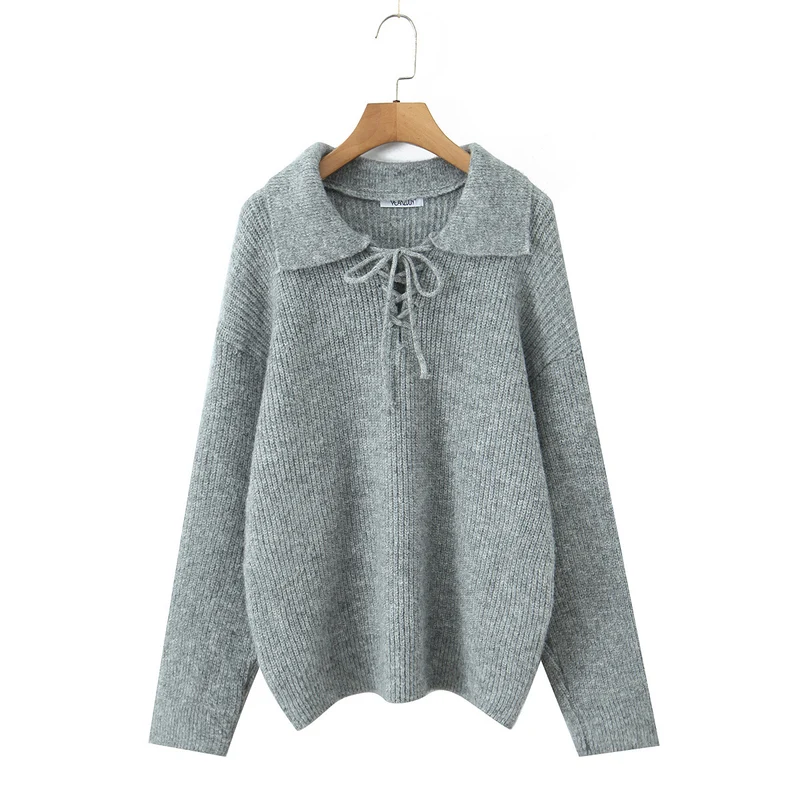 Damen Kuscheliger Strickpullover mit breitem Polokragen und Kordelbindung Drune