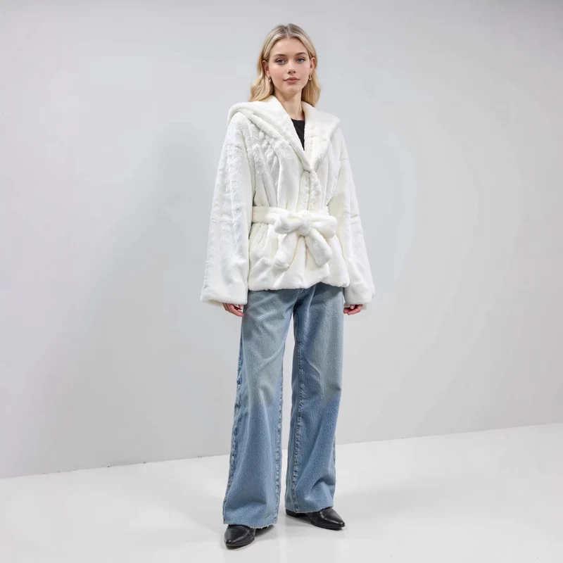 Damen Kuschelige Kunstfell-Kurzjacke mit Schalkapuze und Schleifen-Taillengürtel Drune