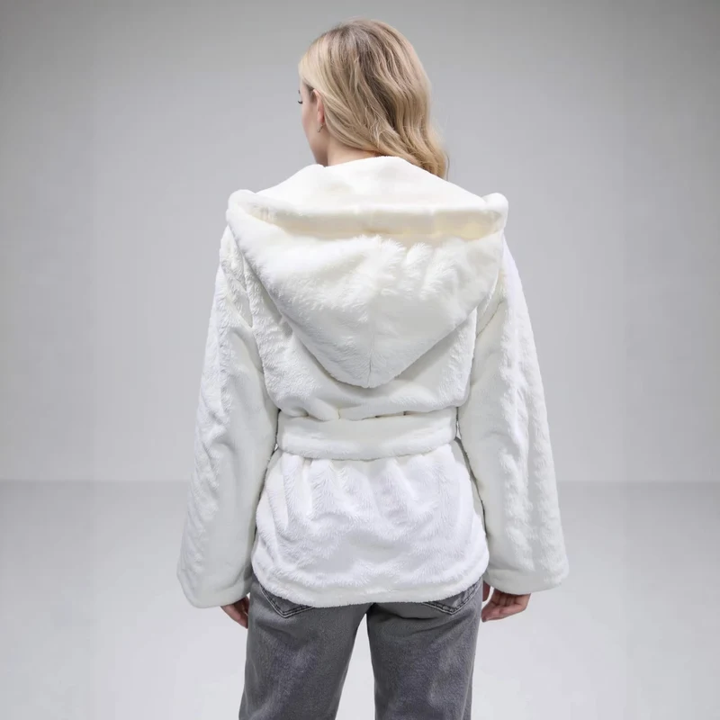 Damen Kuschelige Kunstfell-Kurzjacke mit Schalkapuze und Schleifen-Taillengürtel Drune