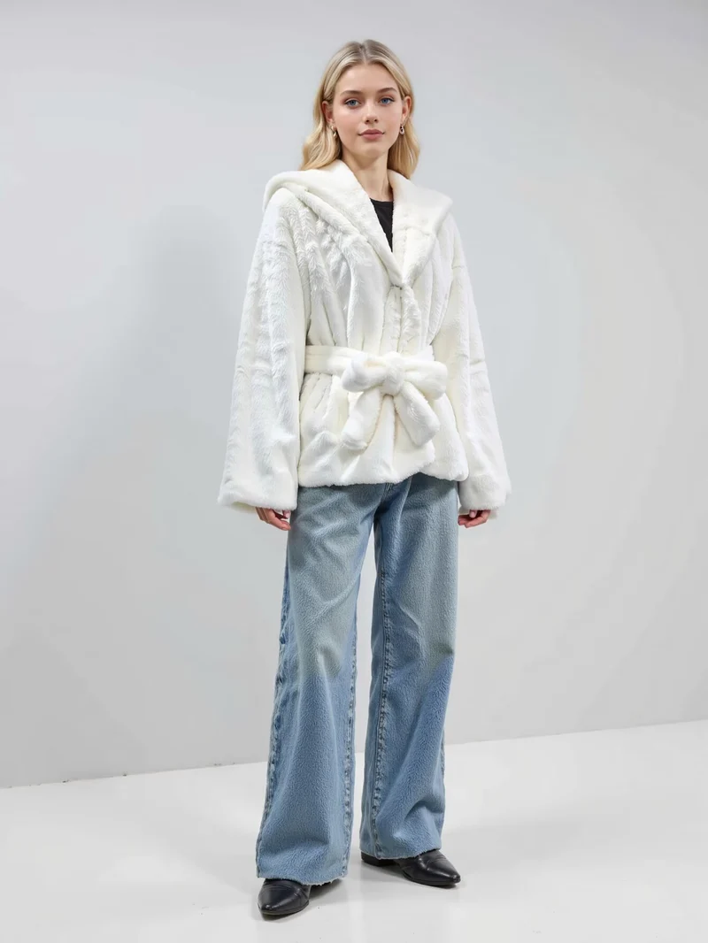 Damen Kuschelige Kunstfell-Kurzjacke mit Schalkapuze und Schleifen-Taillengürtel Drune