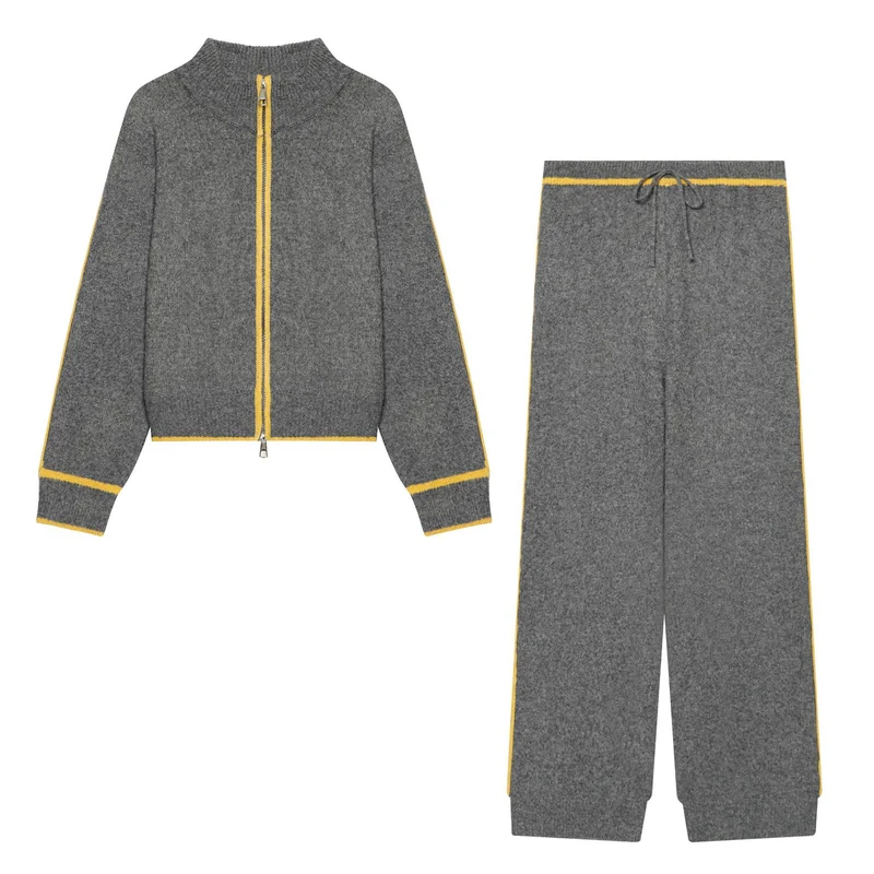 Damen Kuschel-Strickset mit Reißverschluss-Cardigan, Stehkragen und weiter Strickhose Drune