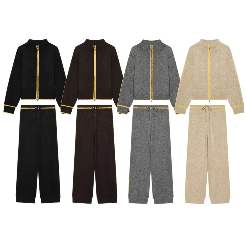 Damen Kuschel-Strickset mit Reißverschluss-Cardigan, Stehkragen und weiter Strickhose Drune