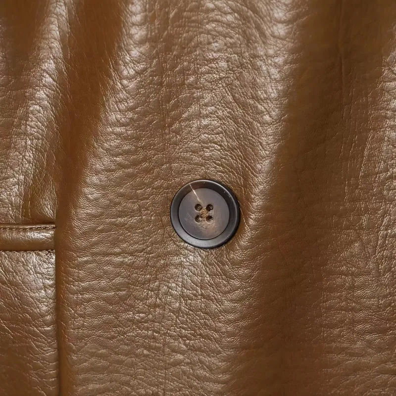 Damen Kurztrenchcoat aus Lederimitat mit Taillengürtel und Schulterklappen Drune