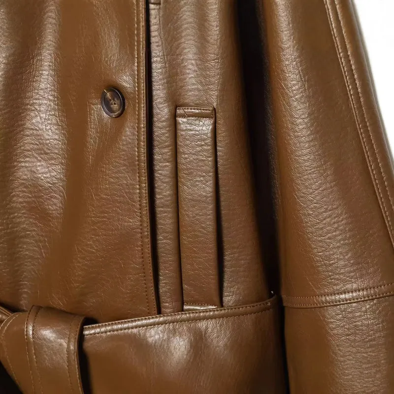 Damen Kurztrenchcoat aus Lederimitat mit Taillengürtel und Schulterklappen Drune