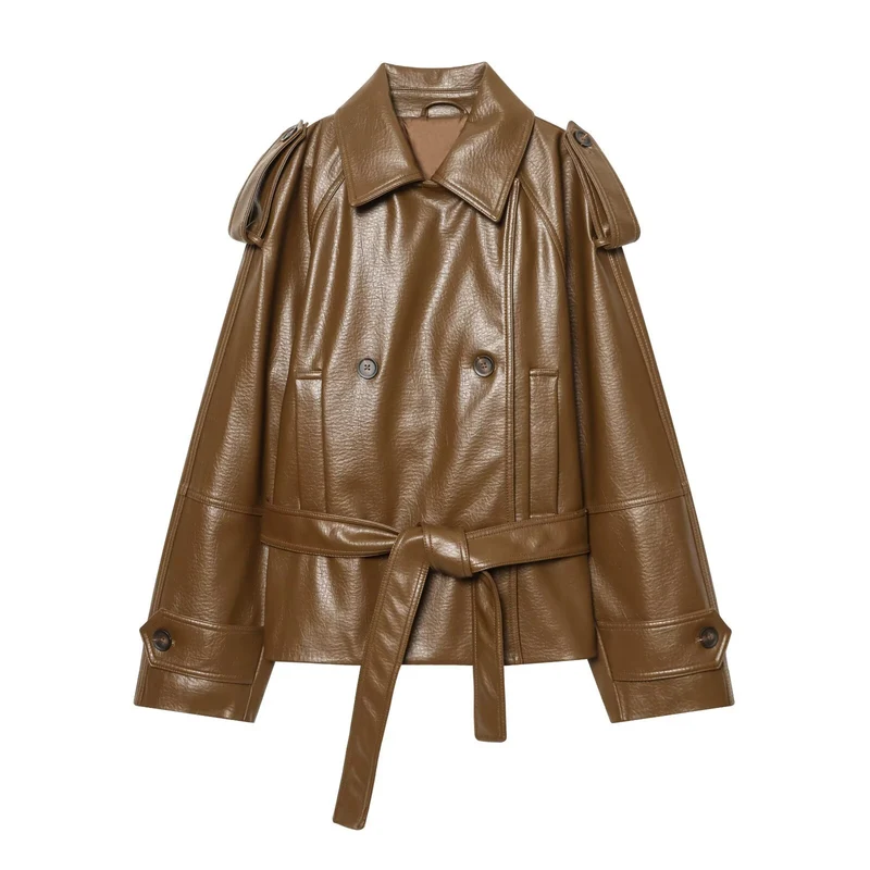 Damen Kurztrenchcoat aus Lederimitat mit Taillengürtel und Schulterklappen Drune