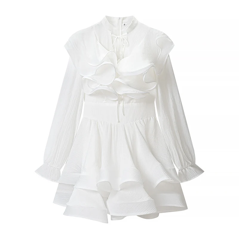 Damen Kurzkleid mit voluminösen Rüschen, gerafftem Taillenband und strukturierter Plisseeoptik Drune