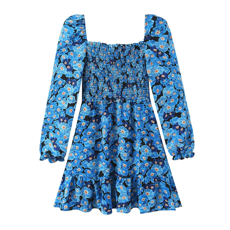 Damen Kurzkleid mit Carmen-Ausschnitt, Smokoberteil und Volantrock Drune