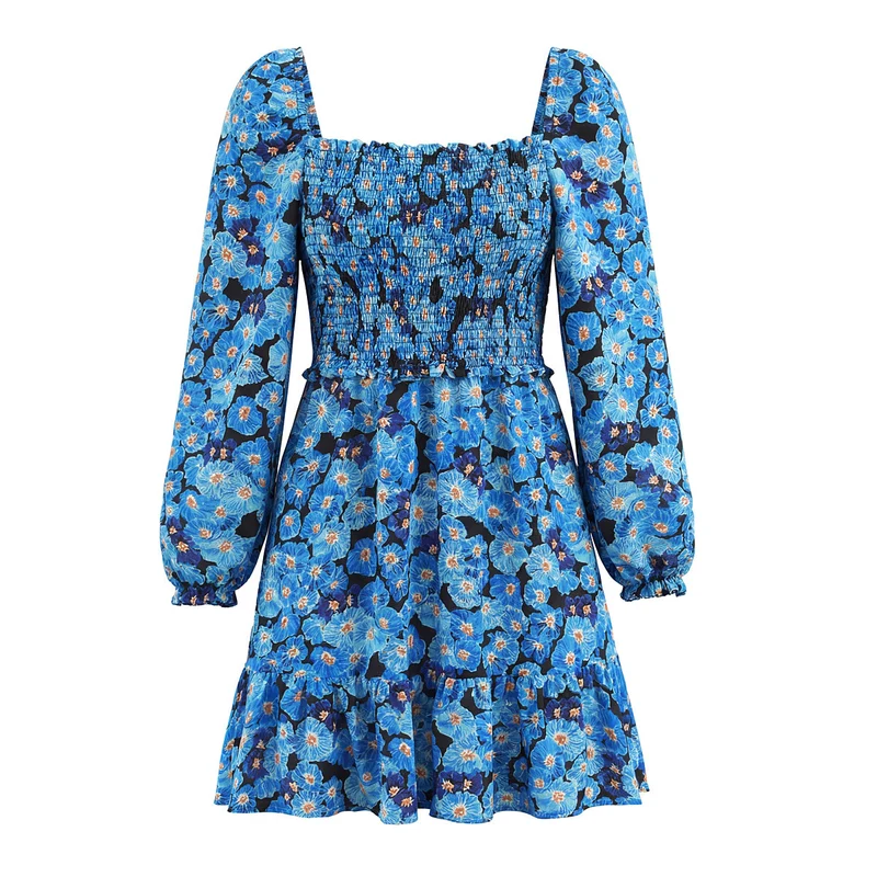Damen Kurzkleid mit Carmen-Ausschnitt, Smokoberteil und Volantrock Drune