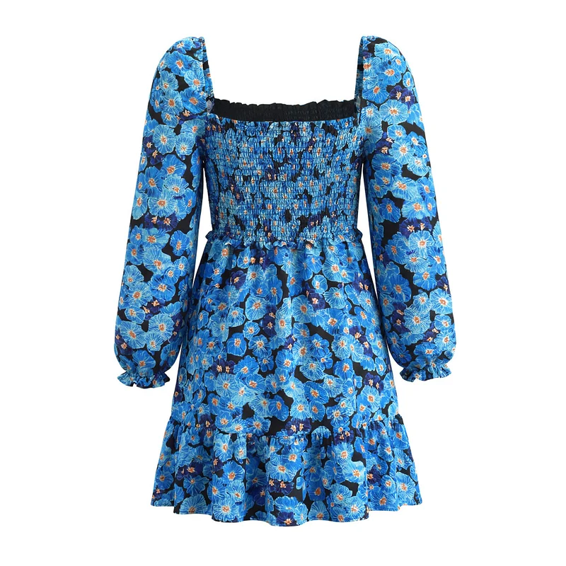 Damen Kurzkleid mit Carmen-Ausschnitt, Smokoberteil und Volantrock Drune
