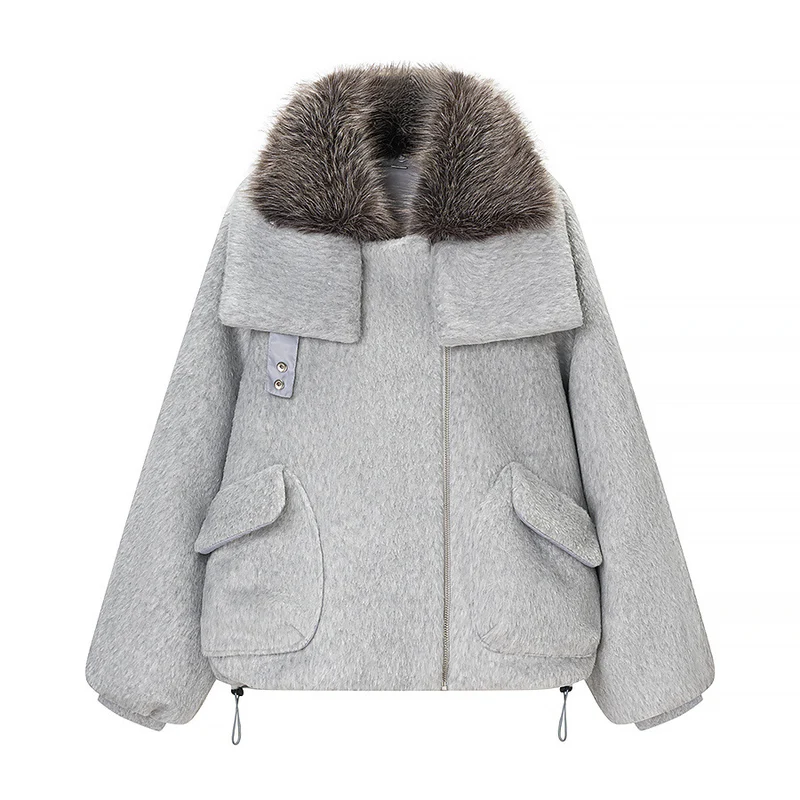Damen Kurzjacke mit voluminösem Kunstfellkragen und Oversize-Schnitt Drune