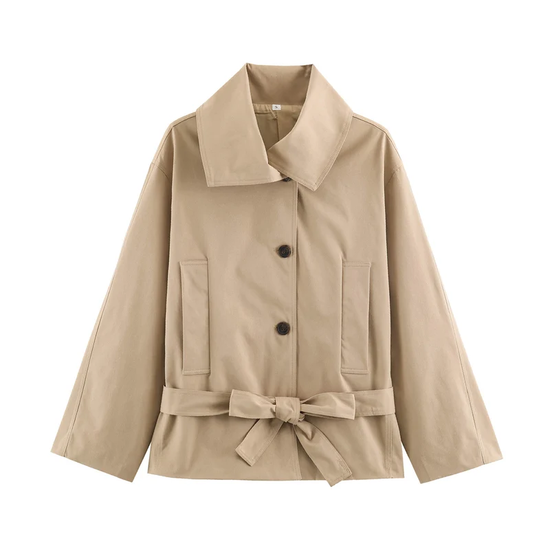 Damen Kurzjacke mit Taillengürtel, boxy Schnitt und breitem Hemdkragen Drune
