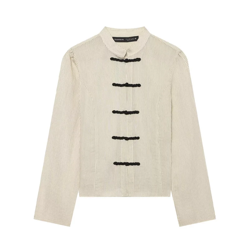 Damen Kurzjacke mit Stehkragen, chinesischen Kordelverschlüssen und Nadelstreifen Drune