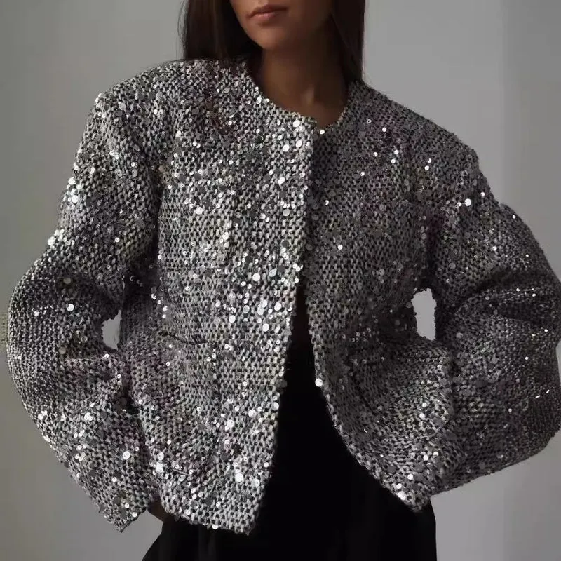 Damen Kurzjacke mit Paillettenbesatz und Bouclé-Struktur Drune
