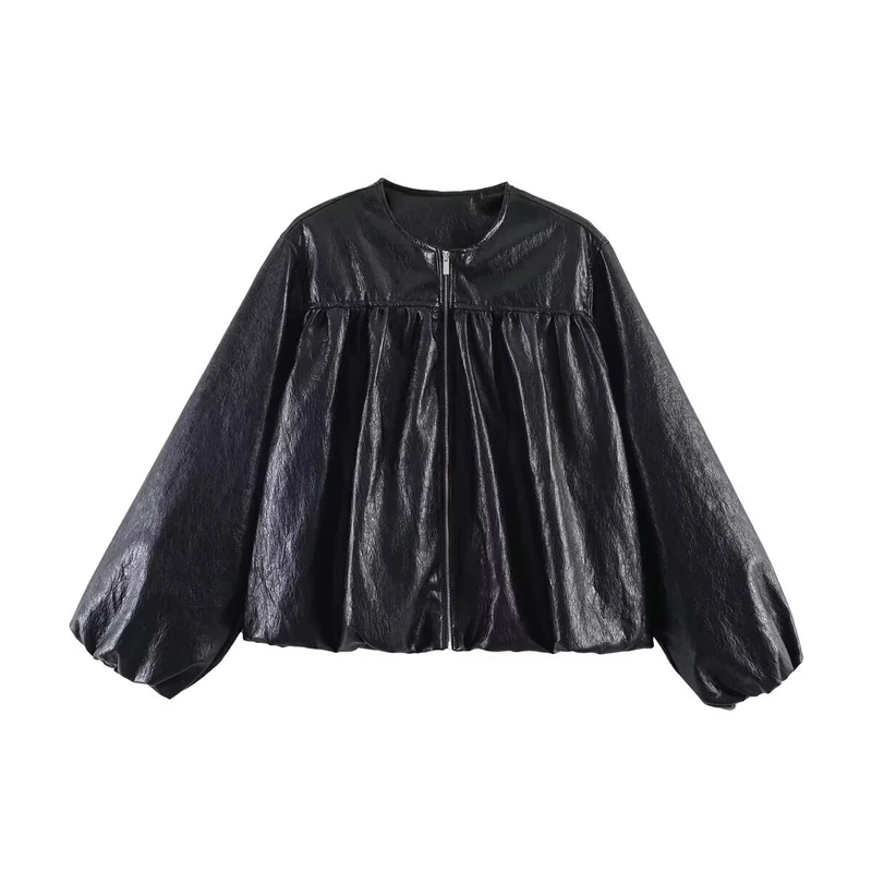 Damen Kurzjacke mit gerafftem Vorderteil, Ballonärmeln und Reißverschluss Drune