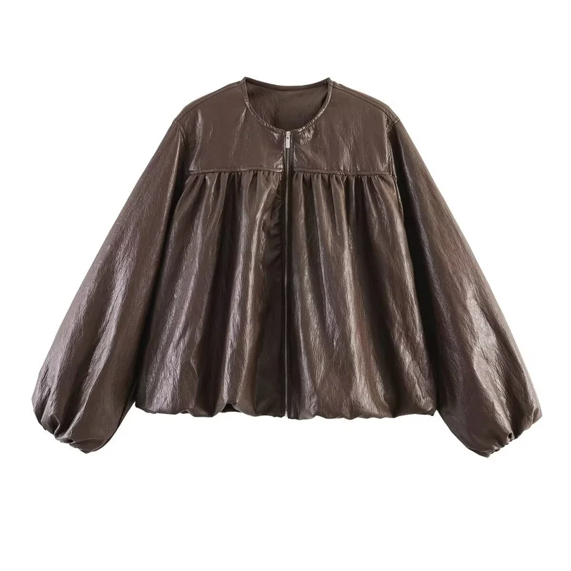 Damen Kurzjacke mit gerafftem Vorderteil, Ballonärmeln und Reißverschluss Drune
