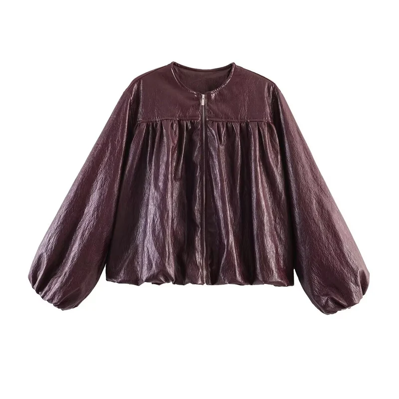 Damen Kurzjacke mit gerafftem Vorderteil, Ballonärmeln und Reißverschluss Drune