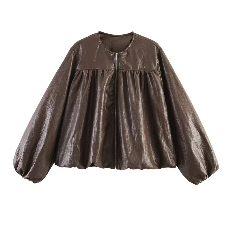 Damen Kurzjacke mit gerafftem Vorderteil, Ballonärmeln und Reißverschluss Drune
