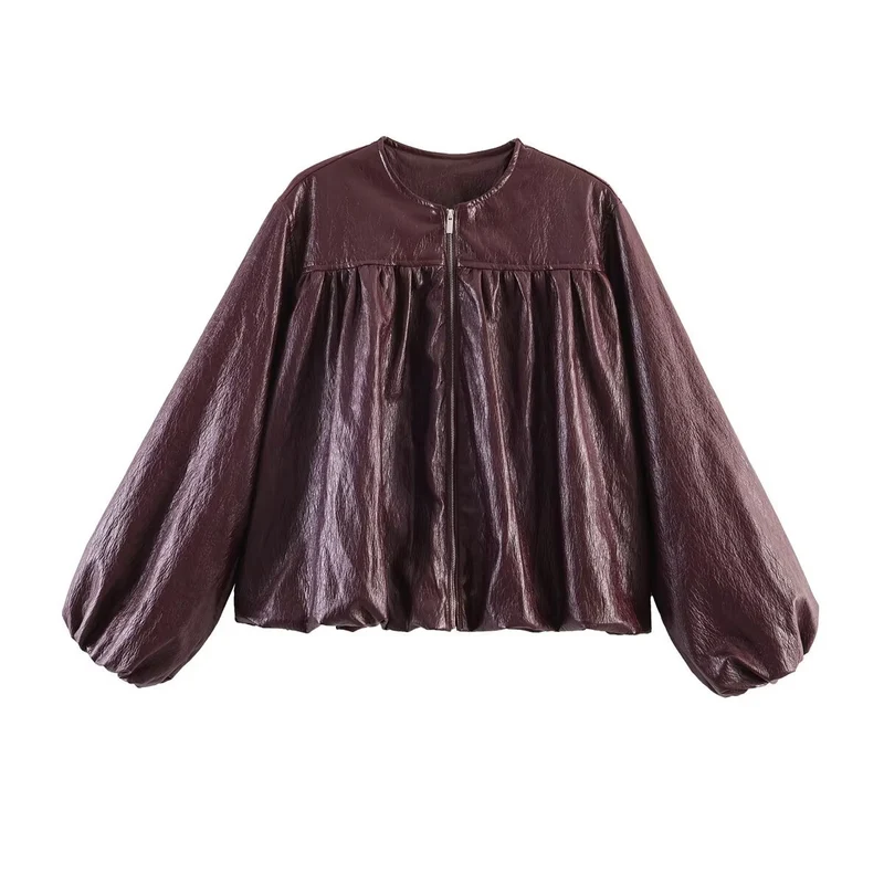 Damen Kurzjacke mit gerafftem Vorderteil, Ballonärmeln und Reißverschluss Drune