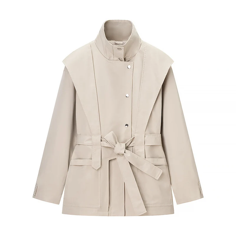 Damen Kurzjacke mit Cape-Schulter, Stehkragen und Taillengürtel Drune