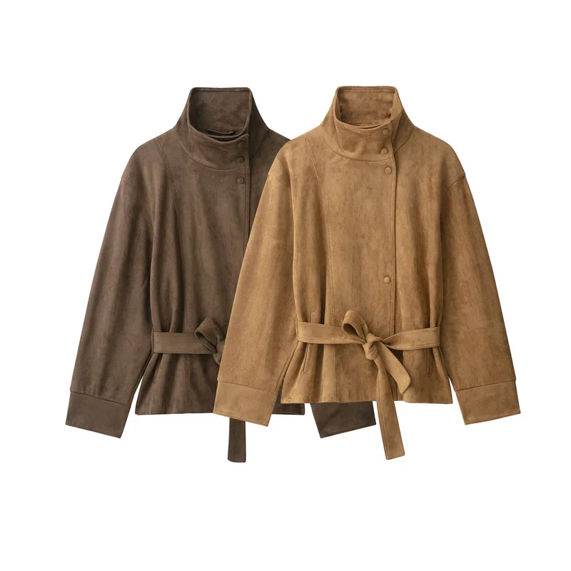 Damen Kurzjacke in Wildlederoptik mit hohem Funnelkragen und Bindegürtel Drune