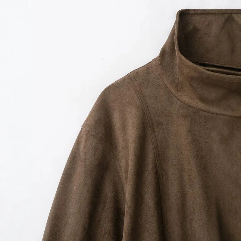 Damen Kurzjacke in Wildlederoptik mit hohem Funnelkragen und Bindegürtel Drune