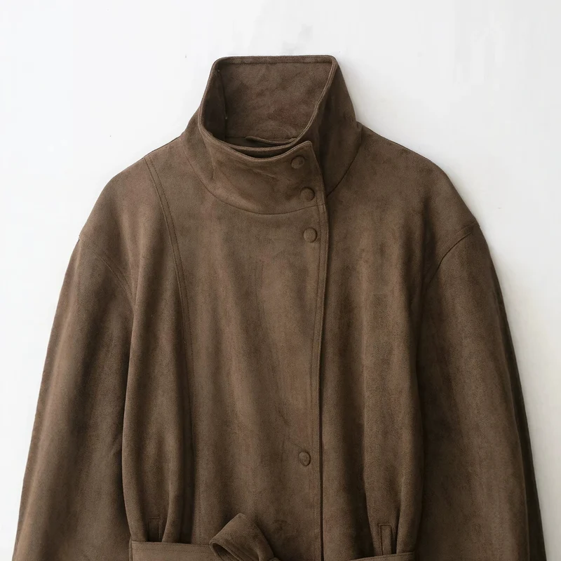 Damen Kurzjacke in Wildlederoptik mit hohem Funnelkragen und Bindegürtel Drune
