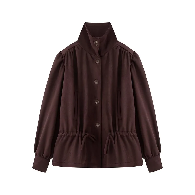 Damen Kurzjacke im Velours‑Suede‑Look mit Stehkragen, Tunnelzug und Ballonärmeln Drune