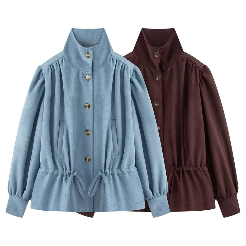 Damen Kurzjacke im Velours‑Suede‑Look mit Stehkragen, Tunnelzug und Ballonärmeln Drune