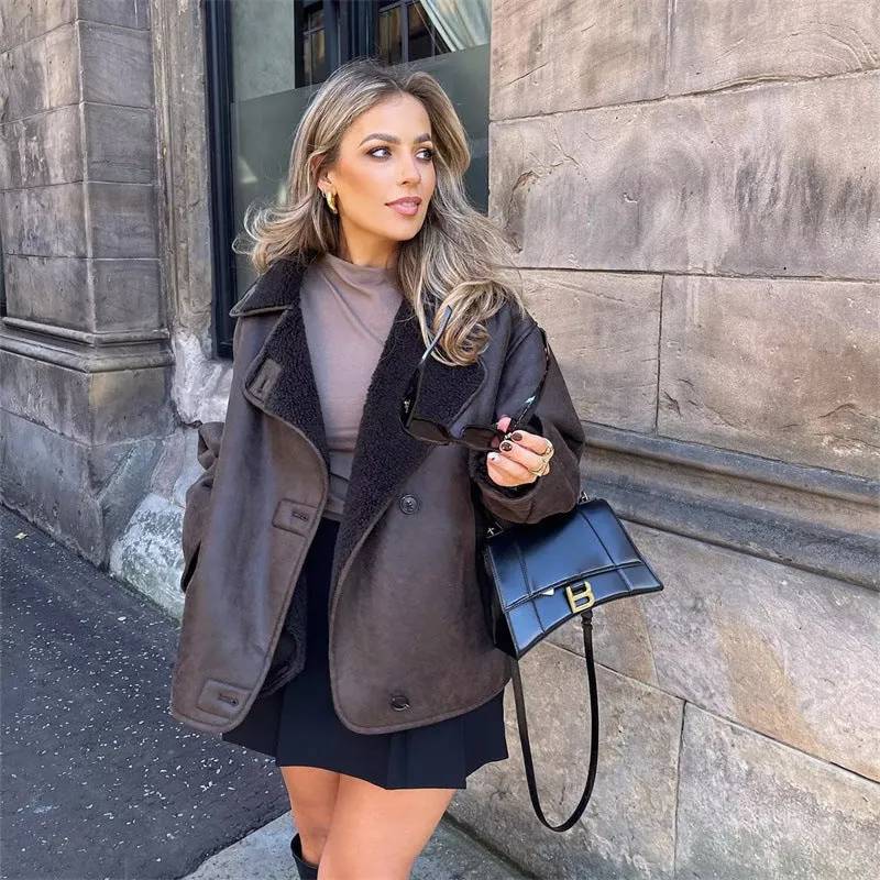 Damen Kurzjacke im Oversized Lammfelloptik‑Look mit Umlegekragen und Taschen Drune