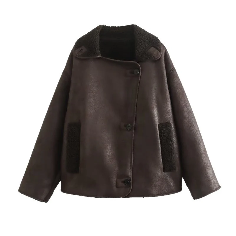 Damen Kurzjacke im Oversized Lammfelloptik‑Look mit Umlegekragen und Taschen Drune