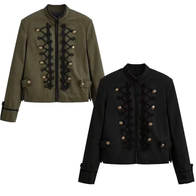 Damen Kurzjacke im Militärstil mit Stehkragen und dekorativer Kordierung Drune