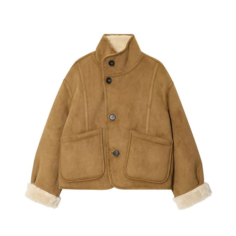 Damen Kurzjacke im Lammfell‑Look mit hohem Stehkragen und aufgesetzten Taschen Drune
