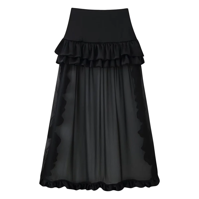 Damen Maxirock mit hohem Bund, mehrlagigem Volantbund und plissiertem Transparenteinsatz Drune