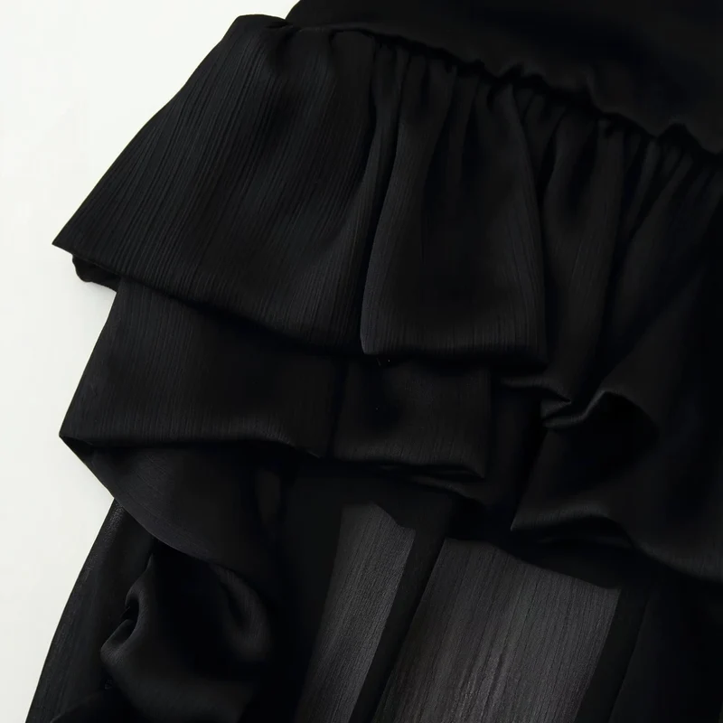 Damen Maxirock mit hohem Bund, mehrlagigem Volantbund und plissiertem Transparenteinsatz Drune