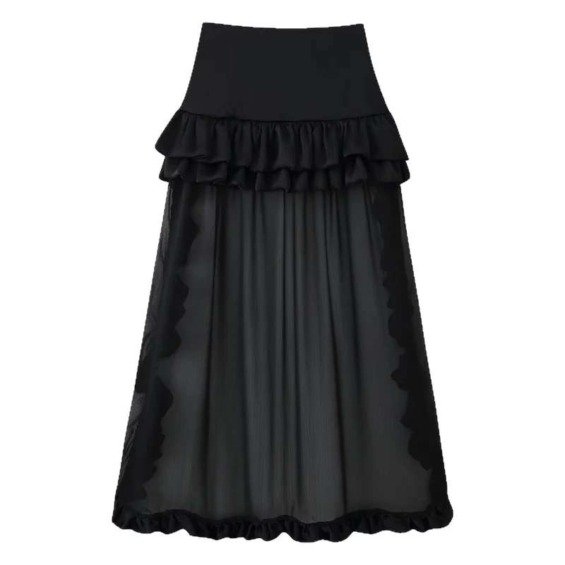 Damen Maxirock mit hohem Bund, mehrlagigem Volantbund und plissiertem Transparenteinsatz Drune