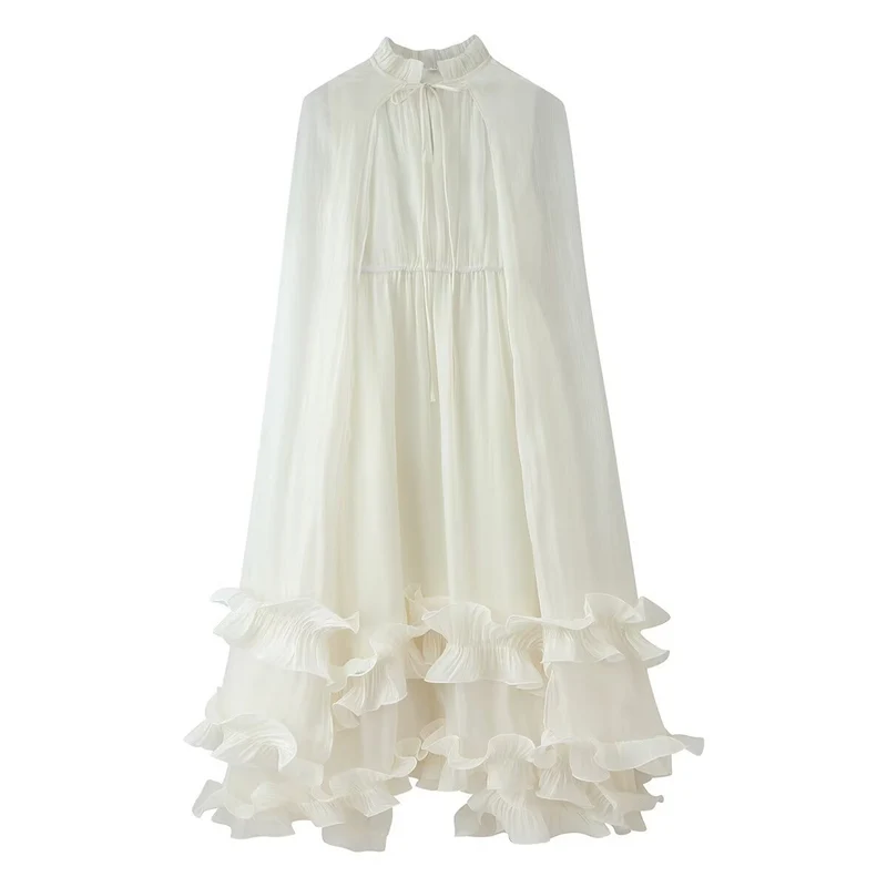 Damen Maxikleid mit Volant‑Cape, mehrlagigem Stufenrock und Stehkragen Drune