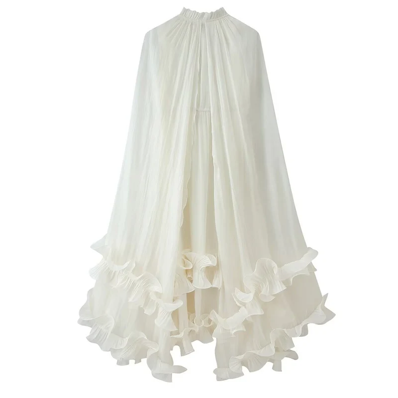 Damen Maxikleid mit Volant‑Cape, mehrlagigem Stufenrock und Stehkragen Drune