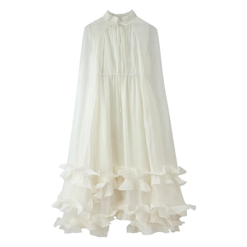 Damen Maxikleid mit Volant‑Cape, mehrlagigem Stufenrock und Stehkragen Drune
