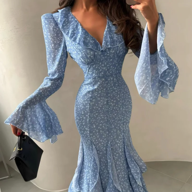 Damen Maxikleid mit V-Ausschnitt, Volantstufen und Trompetenärmeln Drune