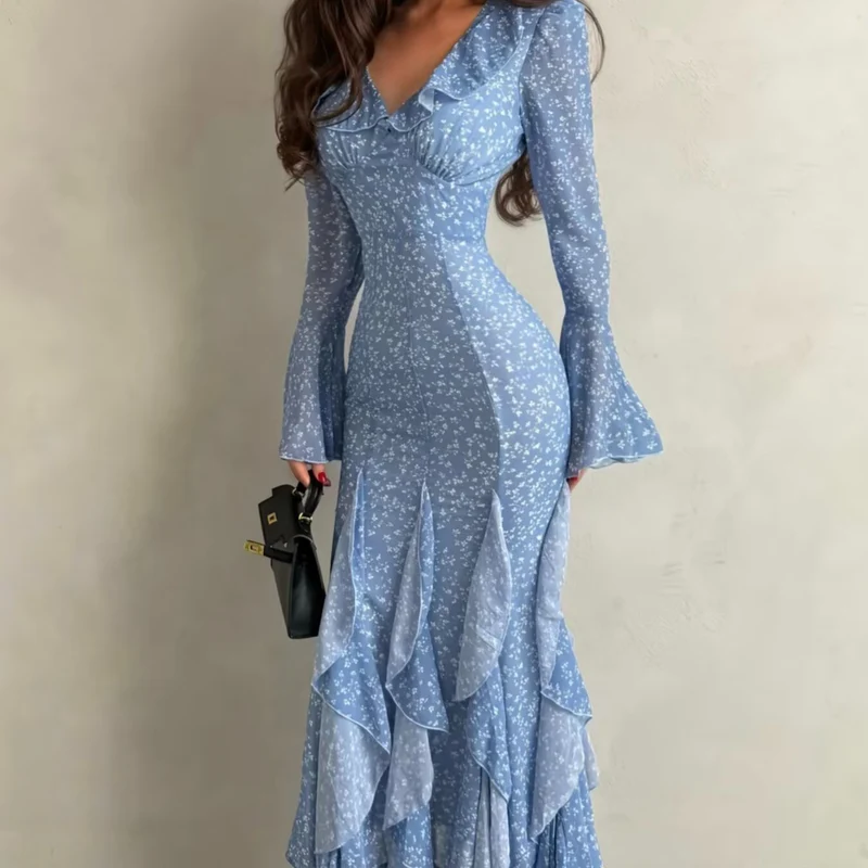 Damen Maxikleid mit V-Ausschnitt, Volantstufen und Trompetenärmeln Drune