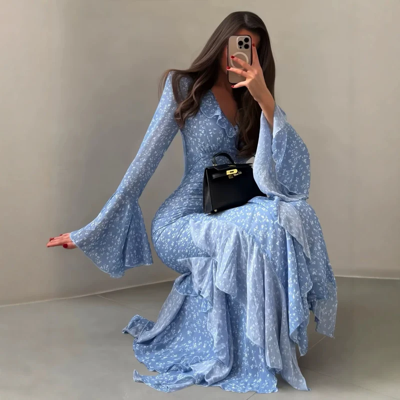 Damen Maxikleid mit V-Ausschnitt, Volantstufen und Trompetenärmeln Drune